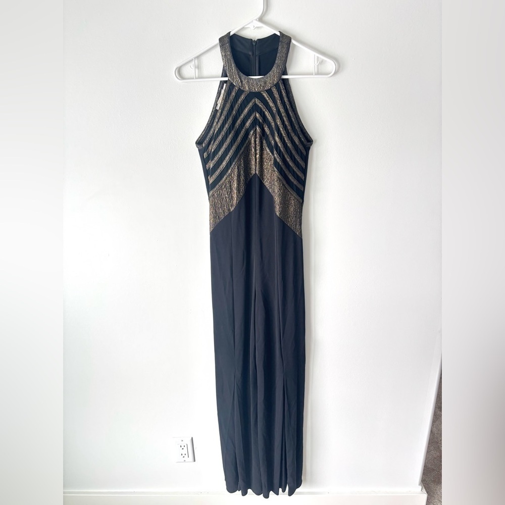 Joseph Ribkoff Couture Black Gold Metallic Formal Jumpsuit Halter Neck Wide Leg